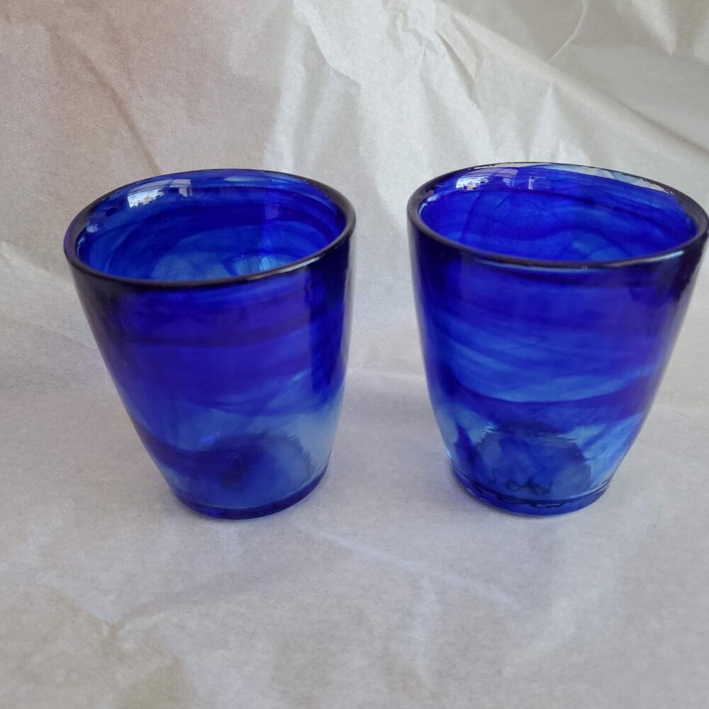 Handcrafted Cobalt Blue Swirl Glass Tumblers Set Of 2 Artisan Drinking Glasses